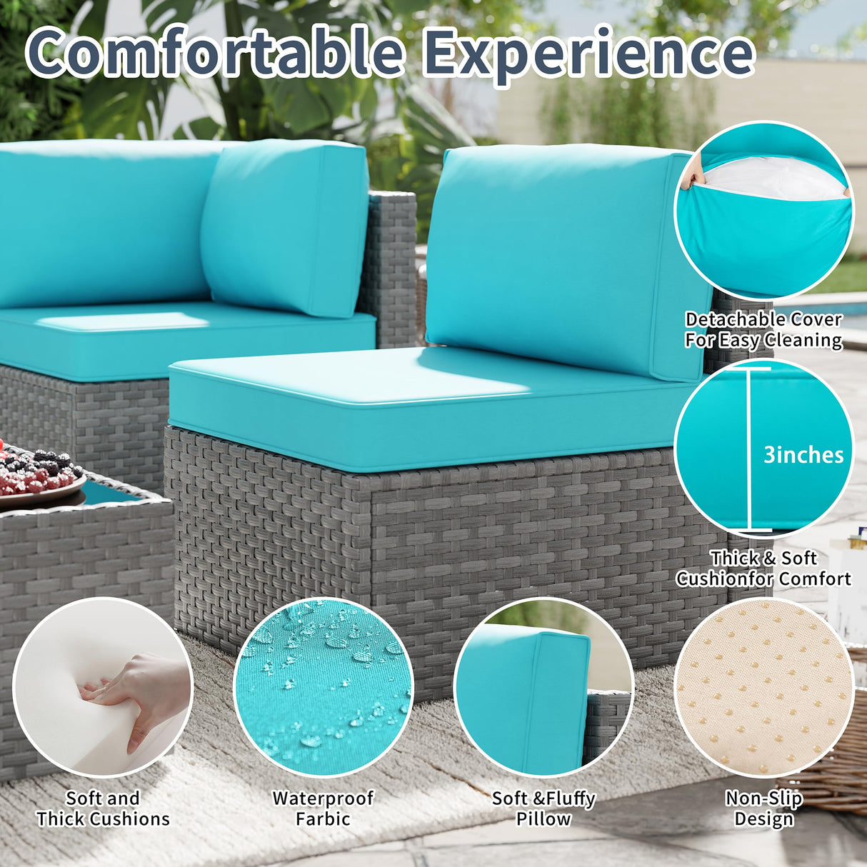 SUNLEI 5pcs Patio Outdoor Furniture Sets Conversation Set,Low Back All-Weather Rattan Sectional Sofa with Tea Table&Washable Couch Cushions(Silver Rattan) (Sky Blue) SUNLEI