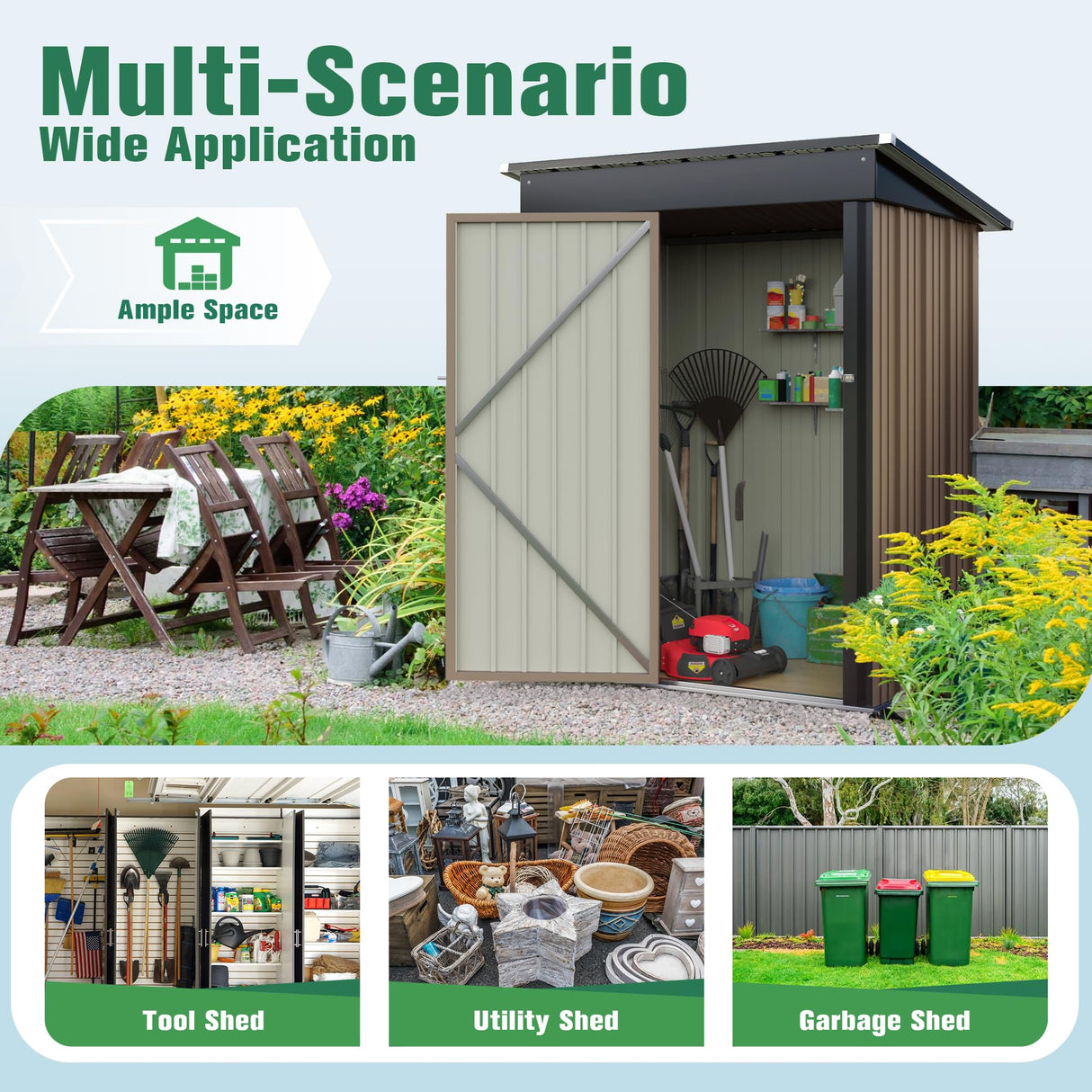 Flamaker Storage Shed Waterproof Metal Garden Shed with Lockable Door Utility Tool Shed Outdoor Storage for Backyard, Patio and Lawn (5 x 3 FT) Flamaker