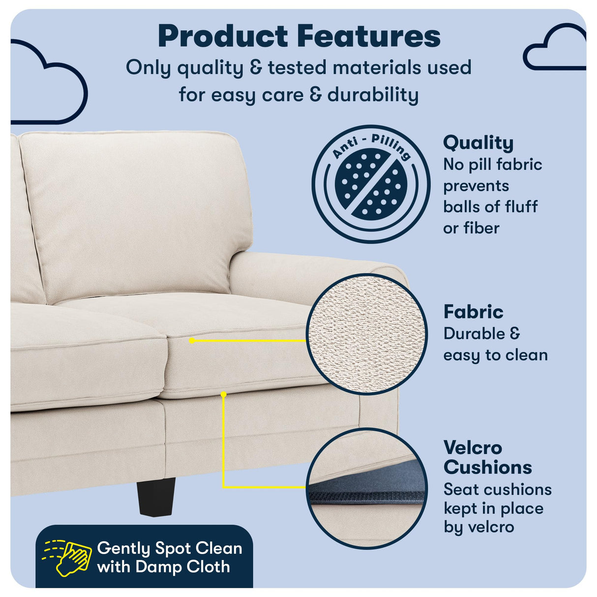 Serta Copenhagen 61" Rolled Arm Sofa, Easy Care Polyester, Soft Pillow Back, Pocket Coil Seat Cushions, Removable Covers, Loveseat or Couch for Small Spaces, Living Rooms or Bedrooms, Cream White Serta