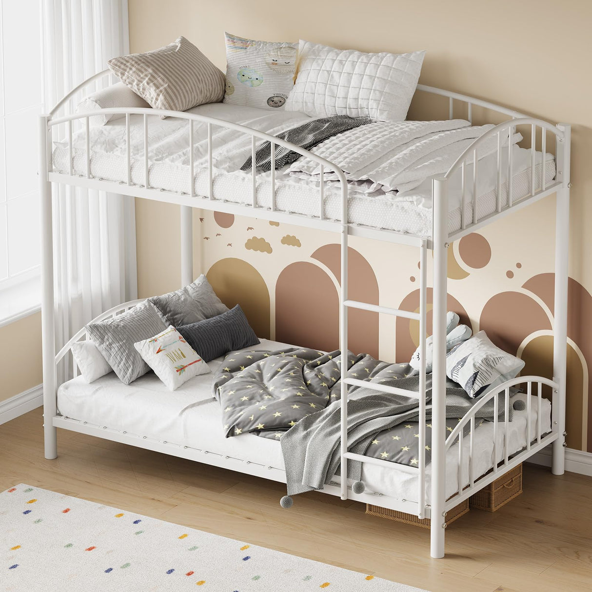 Garvee Bunk Bed Twin Over Twin with Ladder and Arched Guardrail, Heavy Duty Bunkbeds Frame with Sturdy Steel Slats Support for Kids Boys Girls, Space-Saving, No Box Spring Needed, White Garvee