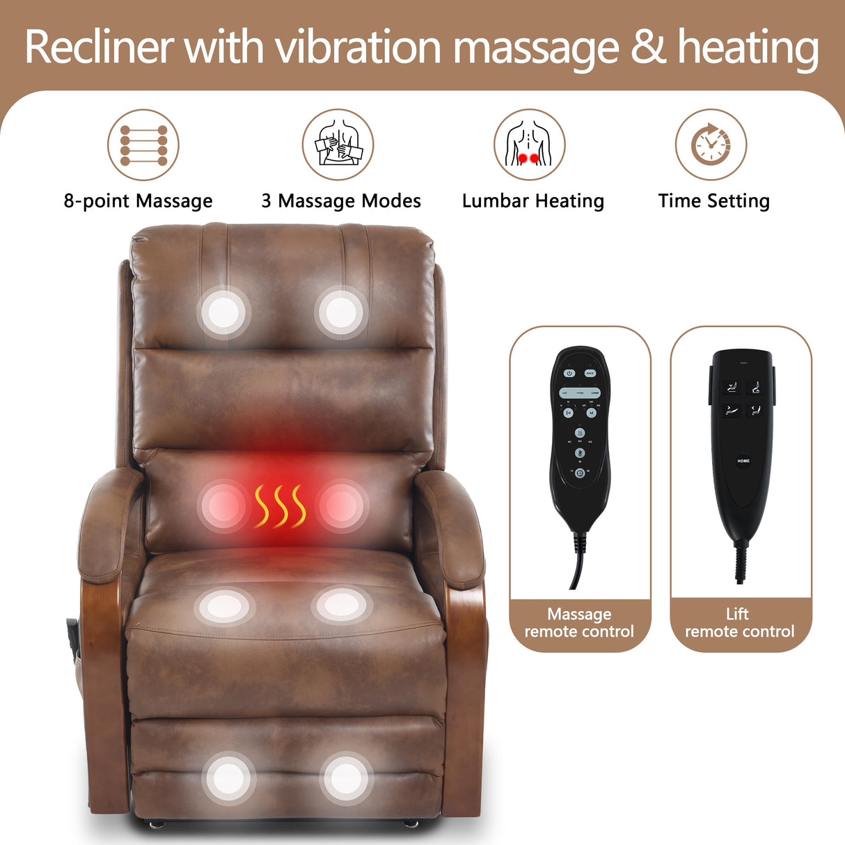 EZZUP Power Lift Recliner Chair for Elderly People, Dual Motor Lift Chair with Vibration Massage and Heat, Lay Flat Recliner with Solid Wood Armrest, Standing Assistance Reclining, Faux Leather Brown EZZUP