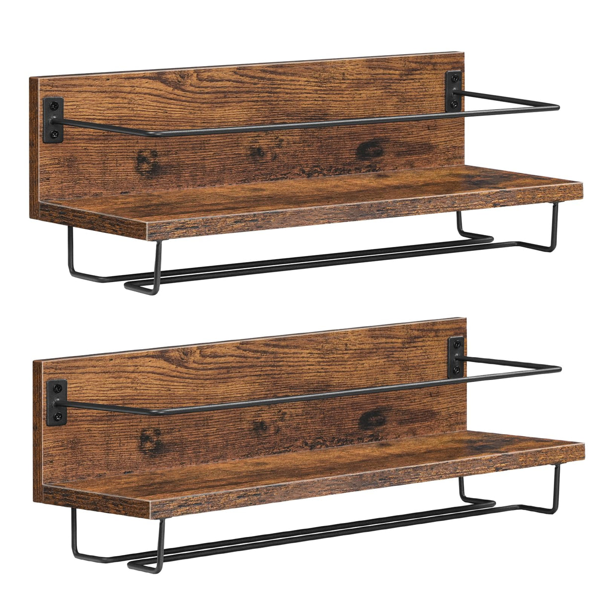 HOOBRO Wall Mounted Wine Rack 2 Pack, Wine Shelf Hanging Floating Wall Shelves, Wine Glass Bottle Rack Stemware Holder, for Living Room, Dining Room, Kitchen, Rustic Brown and Black BF28BJ01 HOOBRO