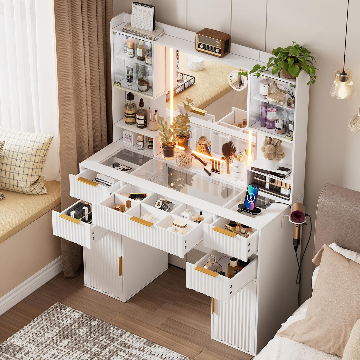 PAKASEPT Vanity Desk with Mirror and Lights, Fluted Makeup Vanity Desk with Lights 3 Colors, Glass Top Vanity with 16 RGB Colors Cabinet, 2 Shelves & 5 Drawers & Power Outlet for Bedroom PAKASEPT