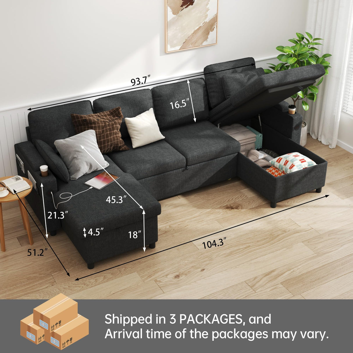 DURASPACE Sofa Bed Sleeper Sofa Pull Out Couch with Double Storage Chaise, Sectional for Living Room, U Shaped Couch with Removable Covers (Dark Gray) DURASPACE