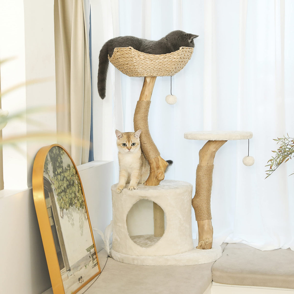 KONELCARE Modern Cat Tree for Indoor Small Cats - Real Wood Cat Tower with Scratch Post, Hiding Enclosure - Unique, Boho,White KONELCARE