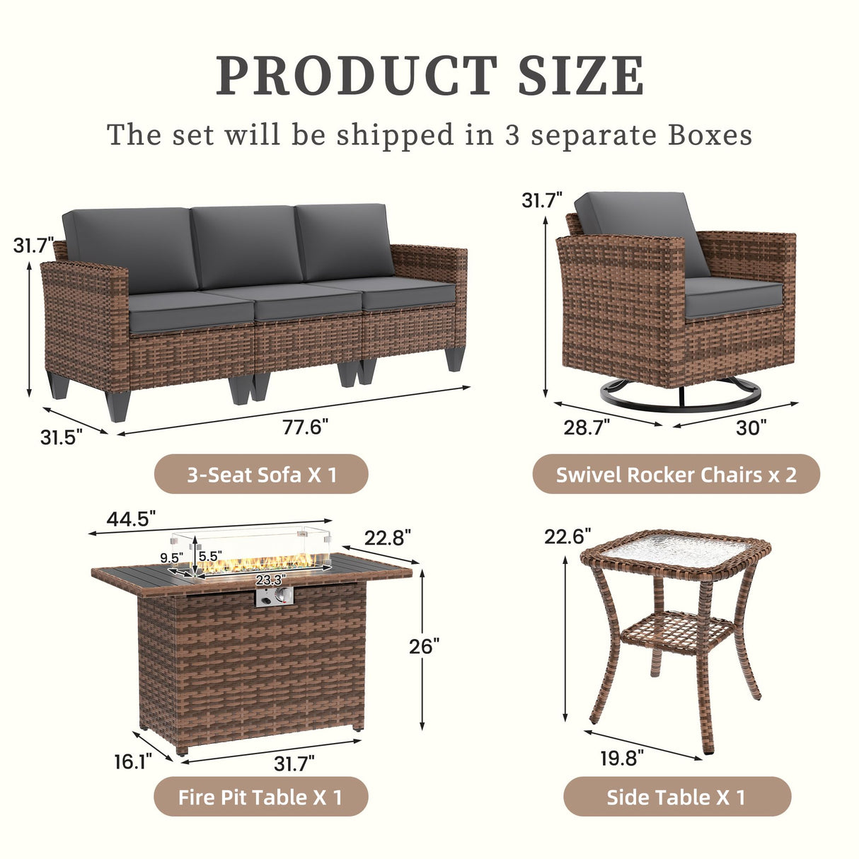 UDPATIO Patio Furniture Set with Fire Pit Table, Rocking Swivel Chairs, 5 Pieces Outdoor Furniture Sets, All-Weather Wicker Outdoor Sectional Sofa with Waterproof Cover, 4'' Thickened Cushion, Grey UDPATIO