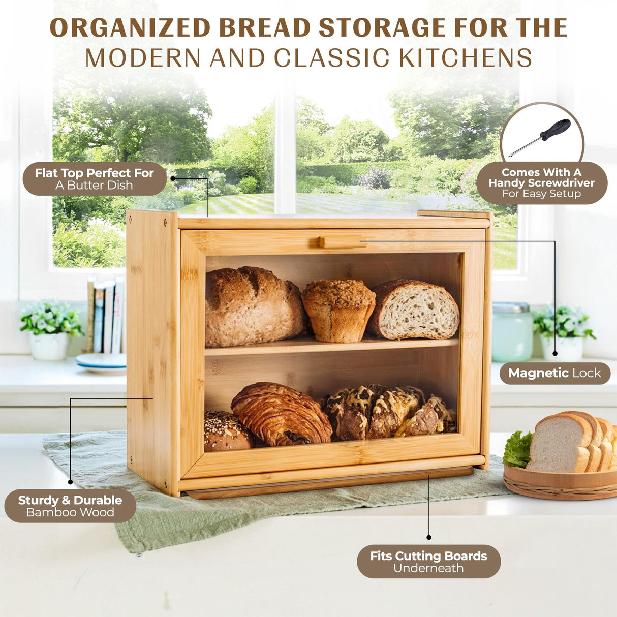 Laura's Green Kitchen Bread Box - Bamboo Bread Box For Kitchen Countertop | Bread Storage For Homemade Bread, Double Layer Bread Box For Kitchen Counter, Farmhouse Bread Container, Wood Breadbox Laura's Green Kitchen