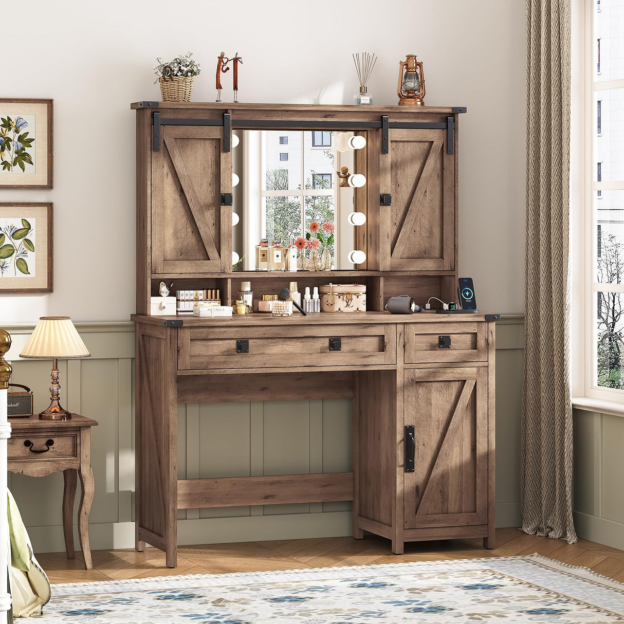 Farmhouse Vanity Desk with Mirror and Lights, 41" Sliding Door Makeup Vanity with Charging Station, Large Vanity Table with Drawers/Shelves/Cabinet Storage, Rustic Oak MSmask