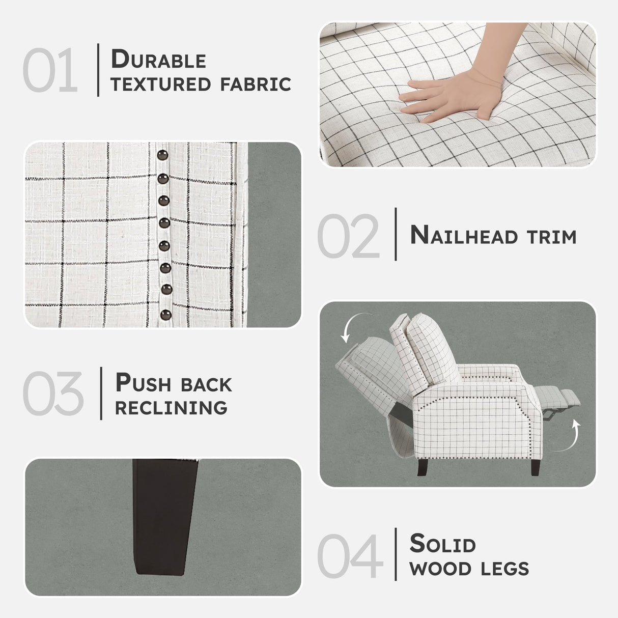 Lexicon Pushback Recliner Chair, Plaid Textured Fabric Armchair Push Back Reclining Chair, Nailhead Trim, Solid Wood Legs, Easy Assembly for Living Room/Office/Apartment, Off-White Lexicon
