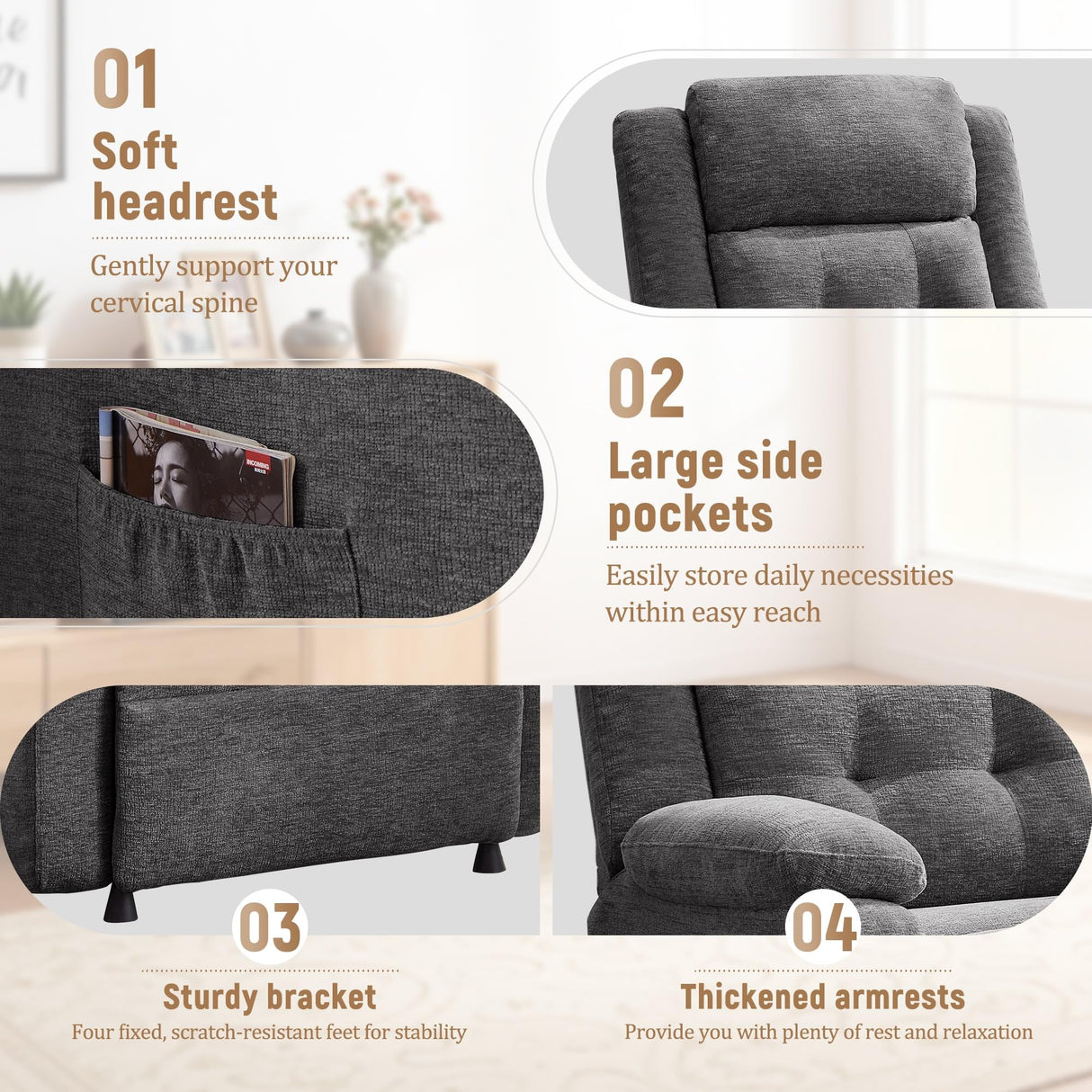 Korser Power Recliner Chair for Adults, Oversized Electric Recliner with Thickened Cushions, Chenille Fabric Reclining Chair for Living Room, Bedroom, Grey Korser