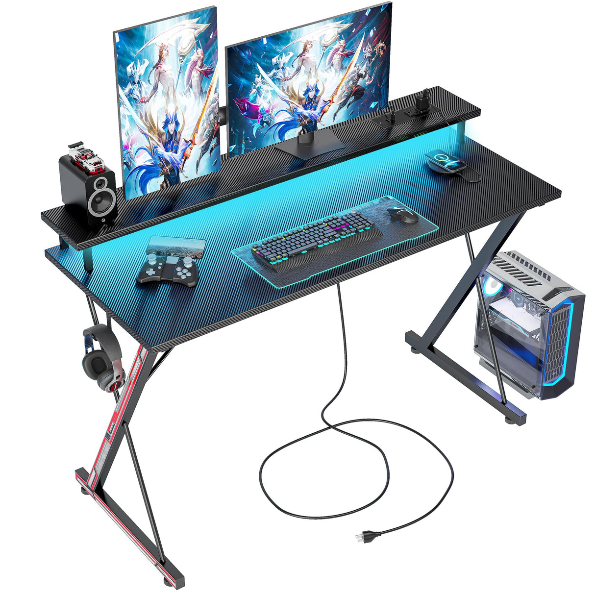 TIQLAB Gaming Desk with Power Outlets & LED 47 Inch Ergonomic Computer Carbon Fiber Surface Gamer Desk, Large Monitor Stand, Headphone Hook, PC Workstation for Bedroom, Black Desk TIQLAB