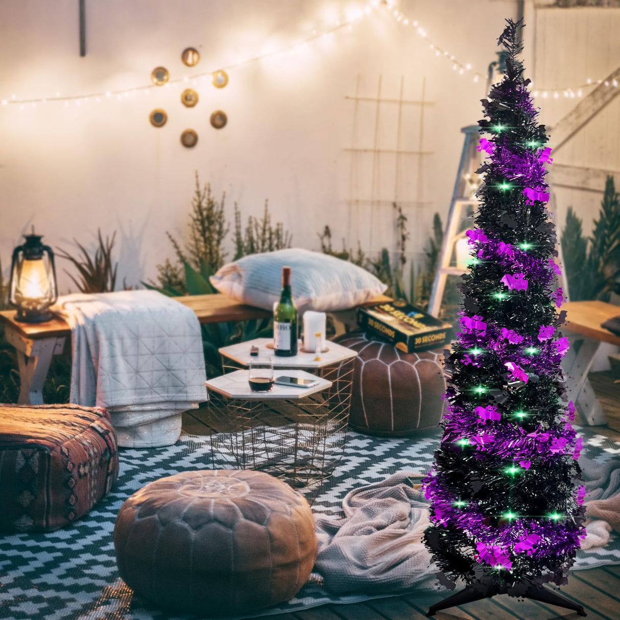 Pop up Christmas Tree for Indoor Decoration,5FT Pre-lit Mini Halloween Tree with 60 Lights,Black Artificial Pencil Tree Collapsible Tinsel Lighted up Christmas Tree luxfcup