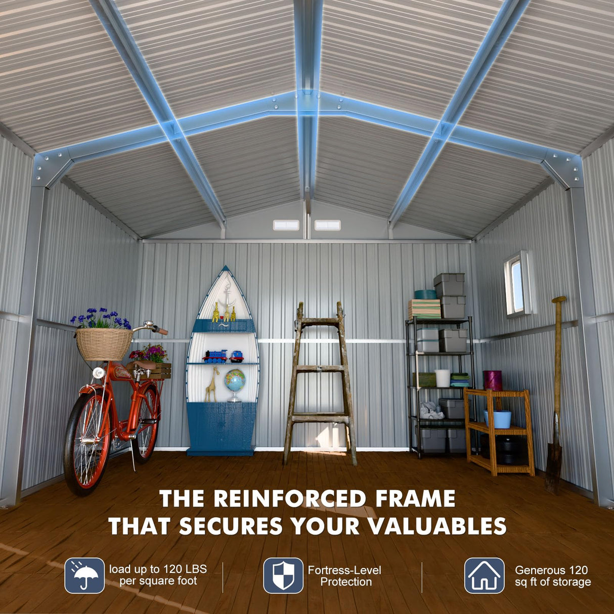 Metal Shed 10x12x7 FT, Sheds Outdoor Storage with Reinforcement, Natural Lighting Tool Sheds with Translucent Roof Panels, Windows, and Lockable Doors, Ideal for Garden, Backyard, and Patio K Knowbody