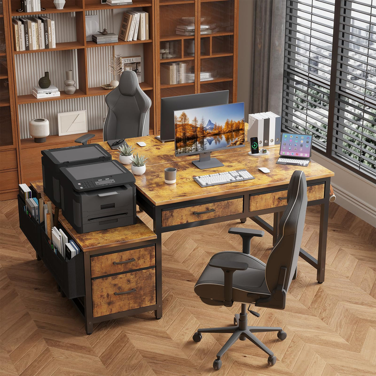 Lufeiya Computer Desk with Fabric File Drawers Cabinet, 57 Inch Home Office Desks with Filing Cabinet Printer Stand for Small Space, Study Writing Table PC Desks for Bedroom, Brown Lufeiya