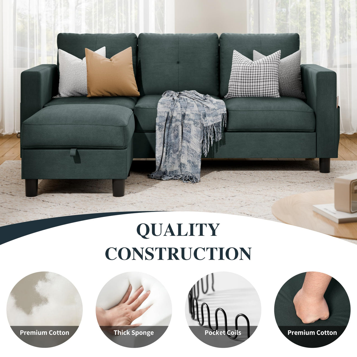 SUNLEI Convertible Sectional Couches for Living Room, L Shaped Couch with Movable Ottoman Storage, 3 Seat Small Couches for Living Room in Apartment, Linen Fabric, Dark Grey SUNLEI