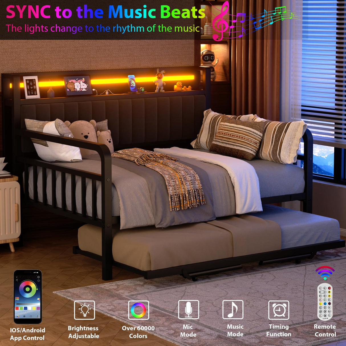 Daybed with Trundle and LED Light, Heavy Duty Metal Full Bed Frame with Upholstered Storage Headboard & Charging Station, Day Bed Pop Up Trundle Bed for Living Room,Bedroom and Guest Room, Black Jocoevol