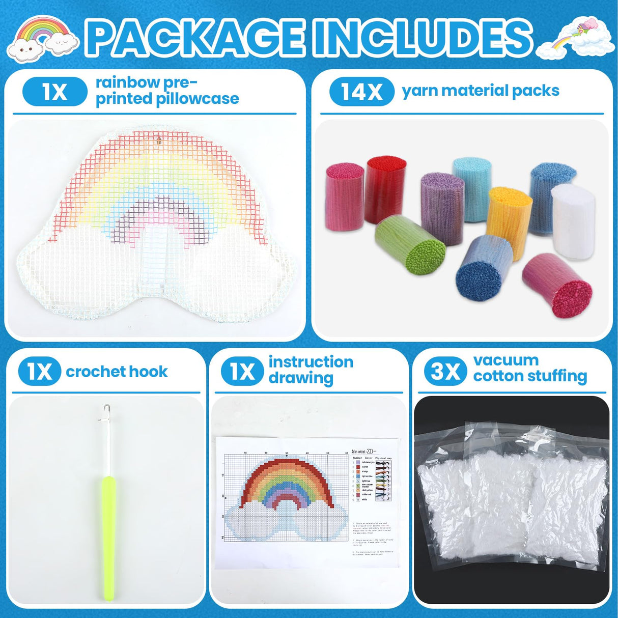 Rainbow Latch Hook Kit Rainbow Pillow DIY Craft Kit for Kids Making Your Own DIY Pillow Yarn Craft Kit for Girls Pattern Paint Cross Sewing Sofa Cushion Plush Gift for Kids Justforjoyful