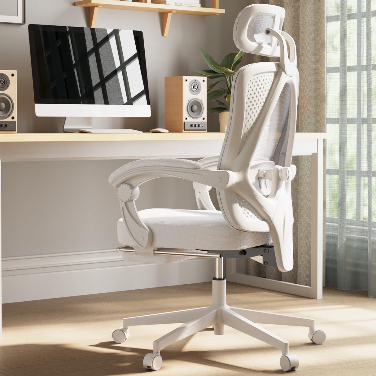 Dowinx Ergonomic Office Chair,Breathable Mesh Computer Chair with Pocket Spring Cushion,Comfy Desk Chair with Adjustable Lumbar Support and Headrest,Steel Base Swivel Task Chair with Footrest White Dowinx