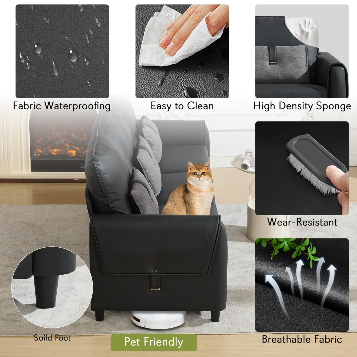 STHOUYN 88” Faux Leather Couch for Living Room, Black Office Couch Small Space, Comfy 3 Seater Couches Leather Sofa with High Backrest (Black) STHOUYN