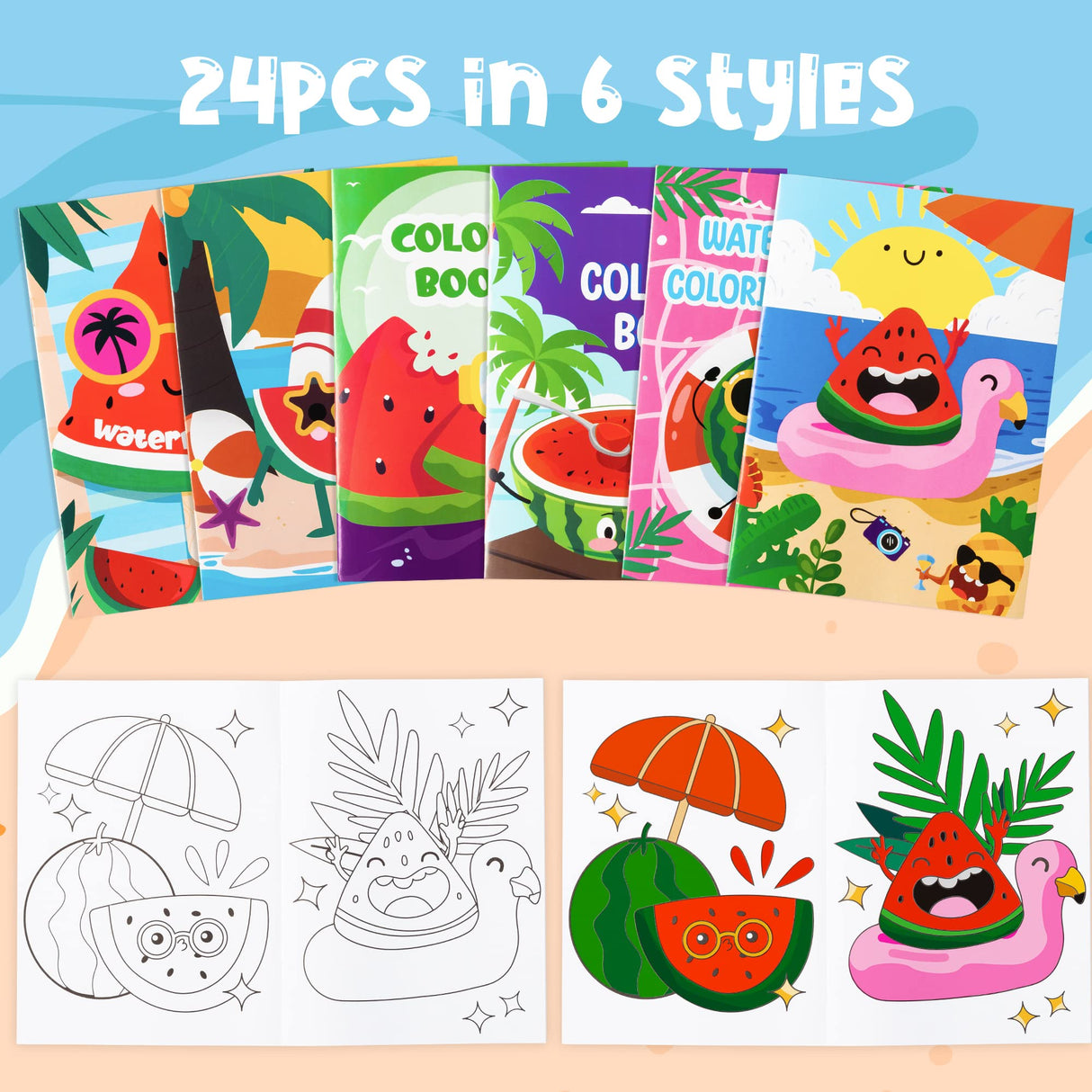 Dvbonike 24Pcs Watermelon Coloring Books Summer Themed DIY Color-in Pages with Seaside Beach Sunglasses Drawing Party Favors Gifts Home School Classroom Game Art Activity Supplies for Kids Age 4-8 Dvbonike