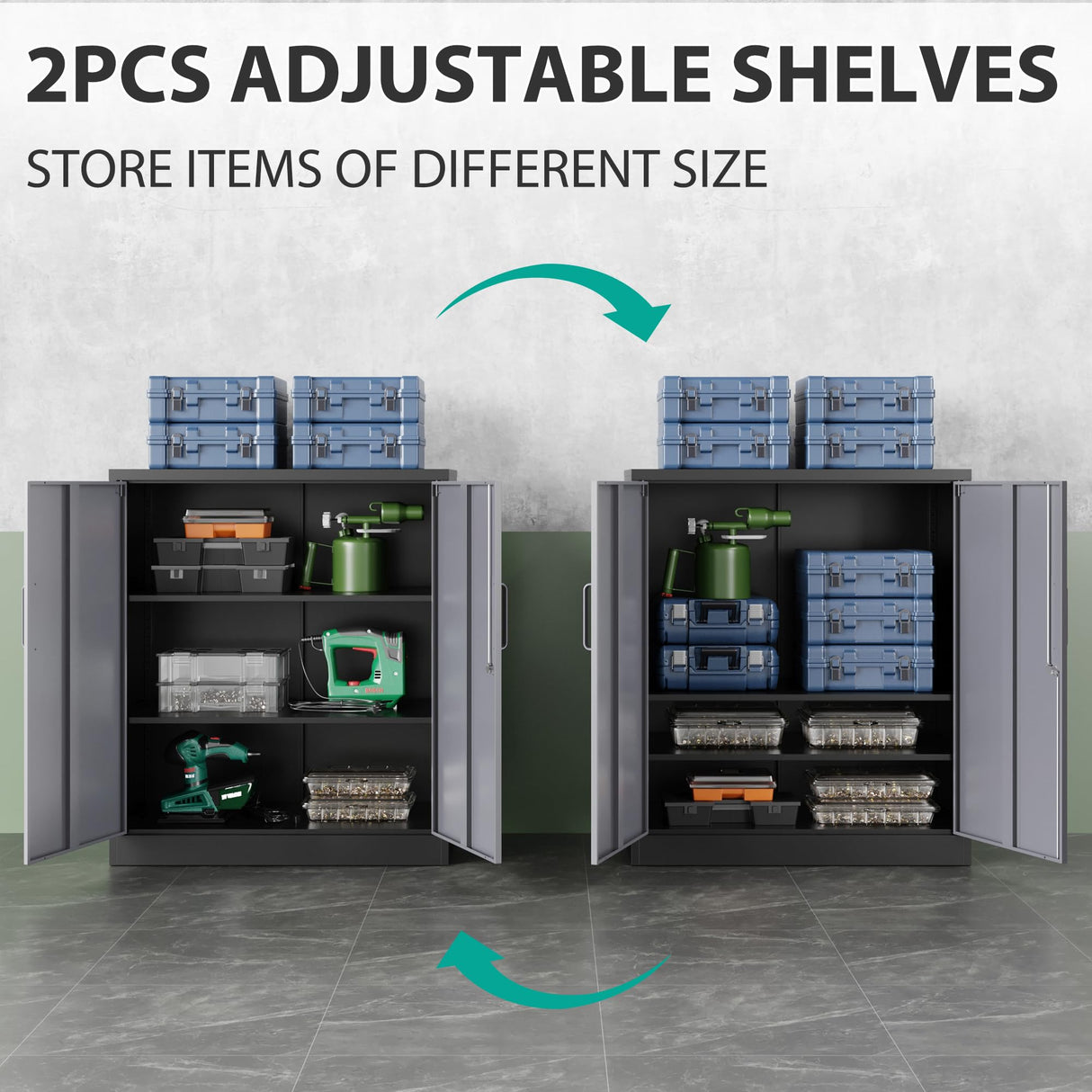 Metal Storage Cabinet with Doors and Shelves,Garage Storage Cabinet with Lock,Black Grey Metal Cabinet with Locking Doors,Steel Cabinet,Lockable Storage Cabinet for Home,Office,Garage Cabinets SISESOL