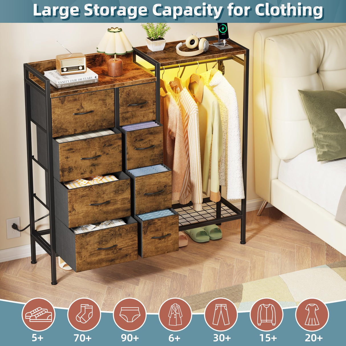 HIGDBFE Dresser with Hanging Rack, 8-Drawer Dresser for Bedroom with Charging Station & LED Lights, Kids Dressers with Shoe Rack, Rustic Brown, 11.8" D x 42" W x 42.7" H (8 Drawers) HIGDBFE