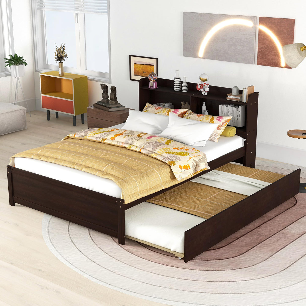 Full Size Bed Frame with Trundle and Storage Headboard,Full Size Trundle Bed with Bookcase for Kids,Bookcase Bed for Teens,Adults(Espresso) Bellemave