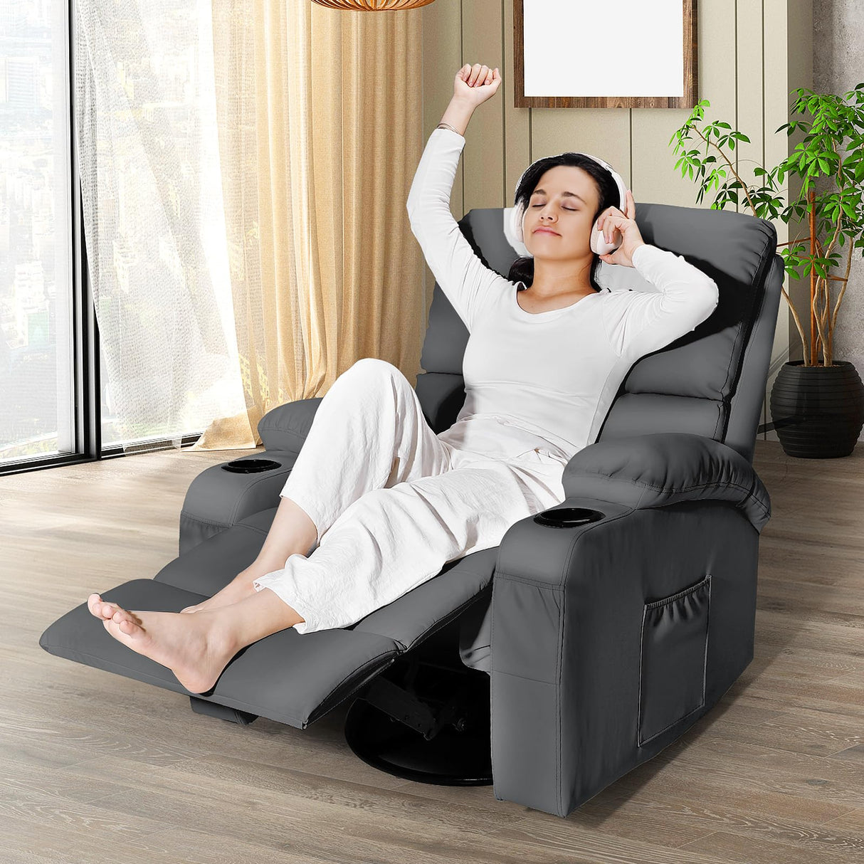Rocking Recliner Chair, Massage Rocker Recliner Chair with Vibration Massage and Heat, USB and Type-C Ports,360° Swivel Faux Leather Chairs, Living Room, Bedroom, Nursery, RV, Dark Grey LEVELEVE
