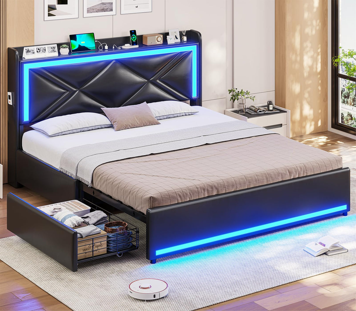 HAUOMS Queen Size Upholstered LED Bed Frame with Storage Headboard and 4 Drawers in PU Black HAUOMS