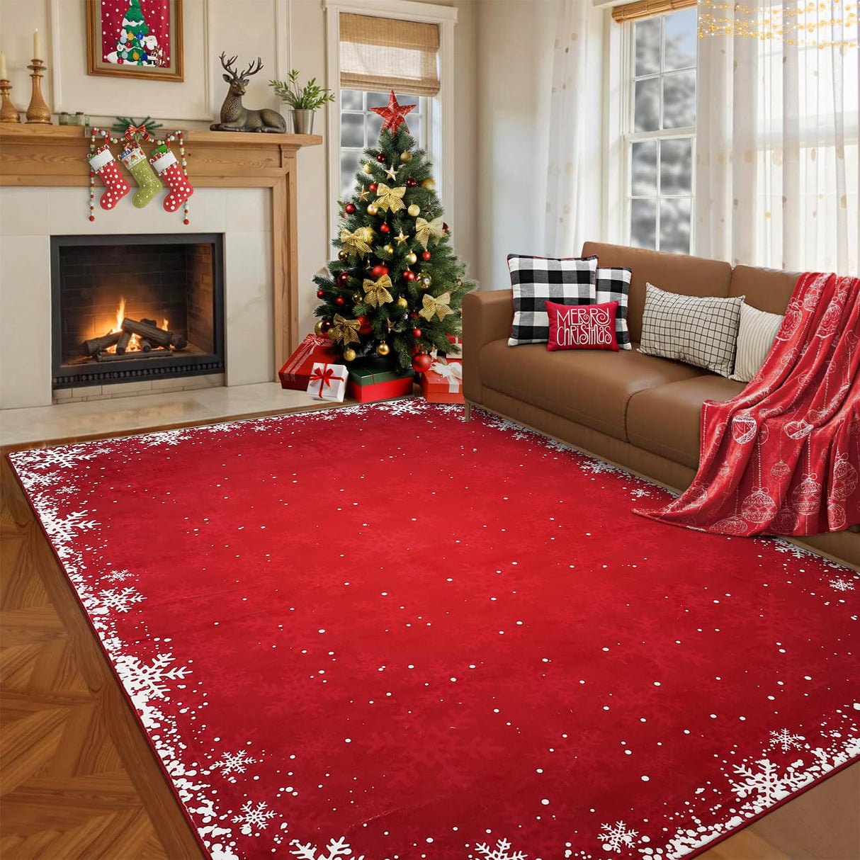 8x10 Living Room Area Rug Christmas Large Bedroom Rugs Non Slip Washable Xmas Decoration Dining Room Throw Carpet Soft Low Pile Snowflakes Rugs for Holiday Festival Boho Rug for Nursery Kitchen, Red RUGSREAL
