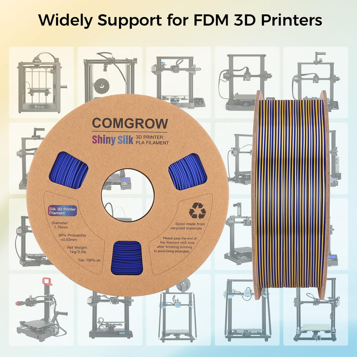 Comgrow Silk PLA 3D Printer Filament, Dual Color 2 in 1 Golden and Blue, 3D Printing PLA Filament 1.75mm, Dimensional Accuracy +/- 0.02 mm, 1KG Spool, Coextrusion Shiny Silk 3D Filament Comgrow