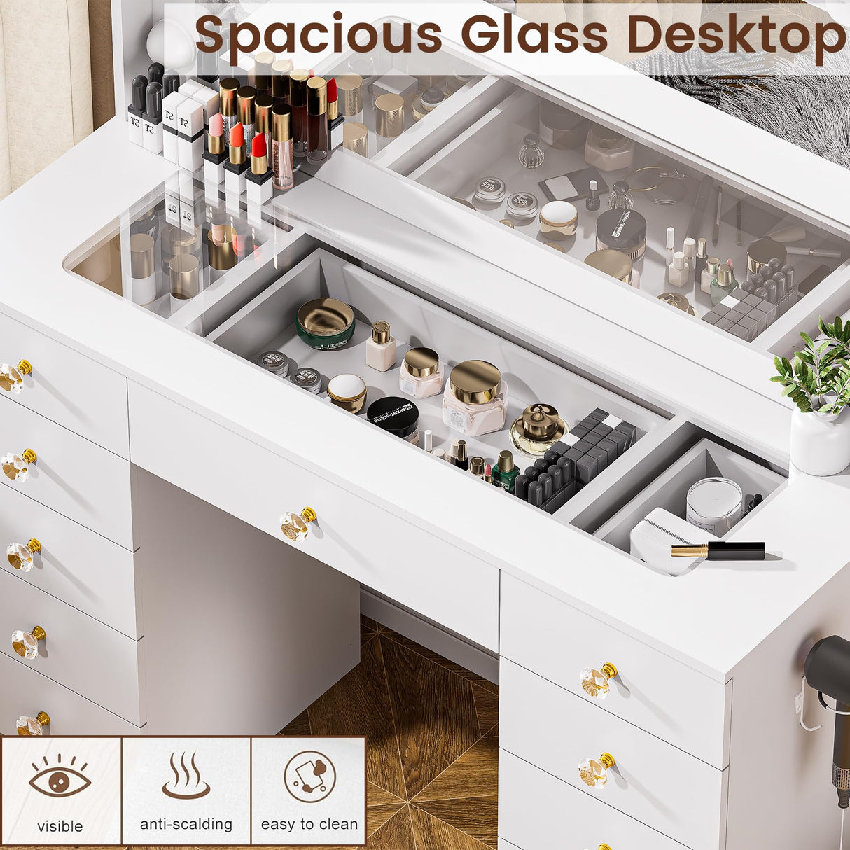 43.3" Vanity with Large Mirror and 10 LED Lights, Vanity Desk with Glasstop, 11 Drawers with Crystal Handles, Dressing Table with Power Outlet as Gift for Women, Girls (White) DINGIPP