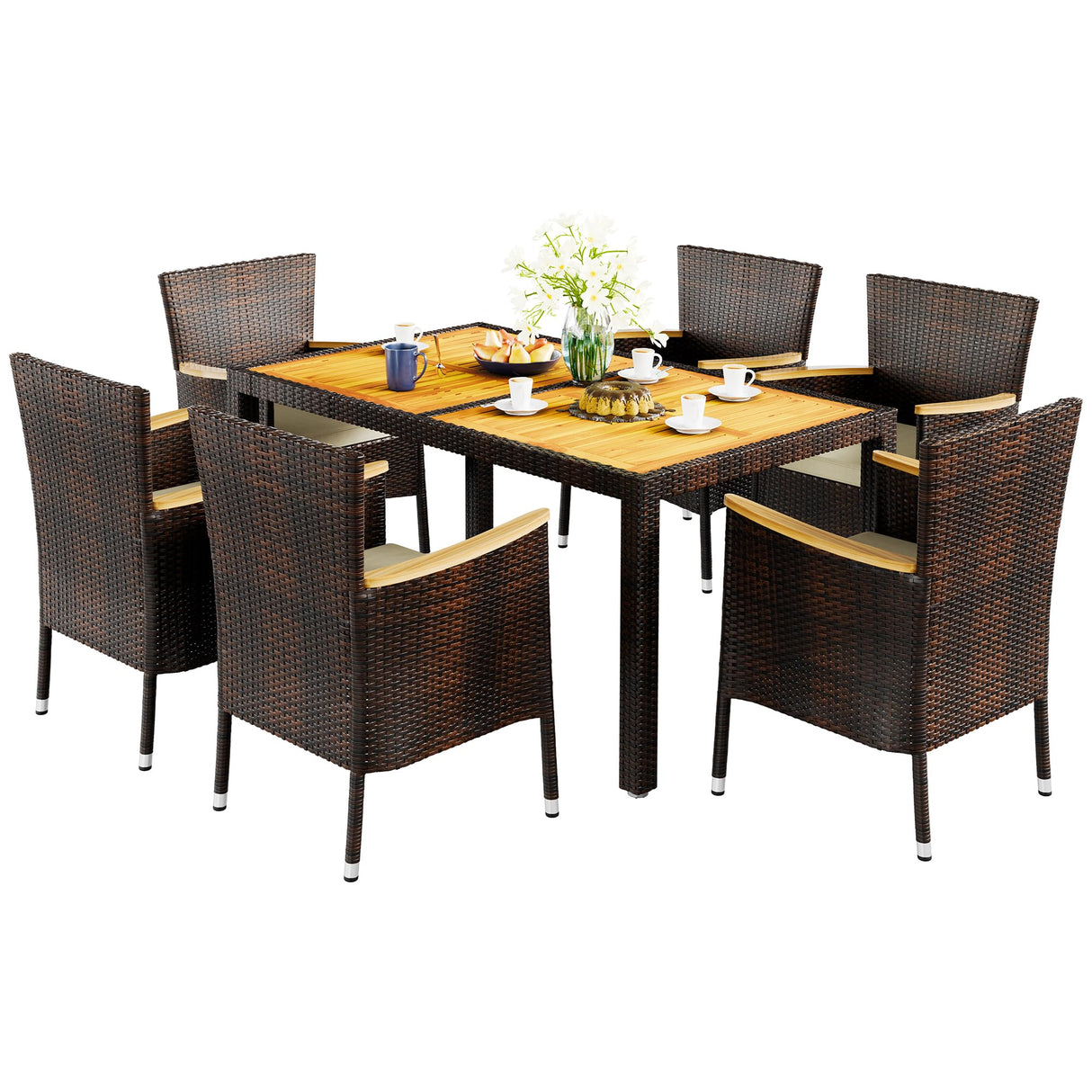 JAMFLY 7 Pieces Outdoor Patio Dining Set, Wicker Patio Furniture Set with Wood Table and 6 Chairs with Soft Cushions for Yard, Garden, Porch and Poolside (Brown) JAMFLY