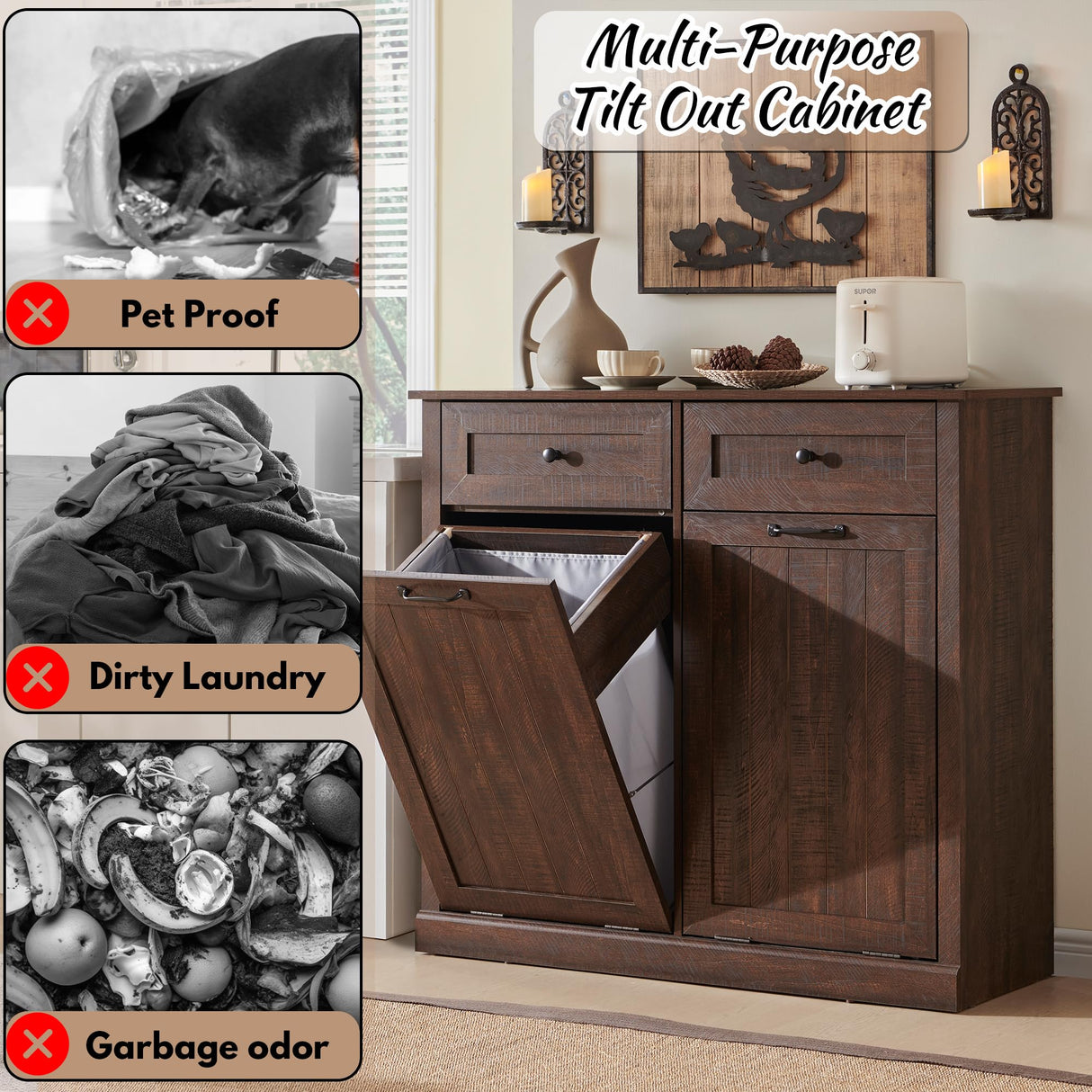 IFBUY Double Tilt Out Laundry Hamper Cabinet, 20 Gallon Farmhouse Trash Can Cabinet with Drawer, Hidden Wood Garbage Can Bin Cabinet with Laundry Storage Basket for Bathroom, Kitchen, Brown IFBUY