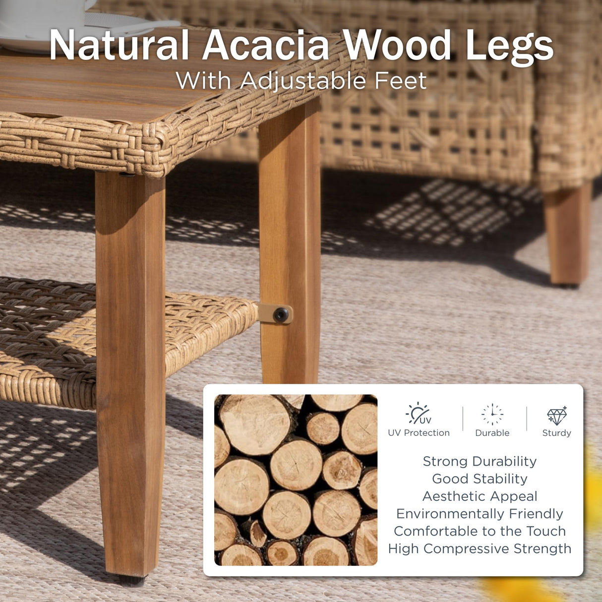 PHI VILLA Wicker Patio Furniture Set, Outdoor L-Shaped Sectional Sofa with Cushions and Acacia Wood Coffee Table, Boho Style for Garden, Deck, or Poolside Lounge,Navy Blue PHI VILLA