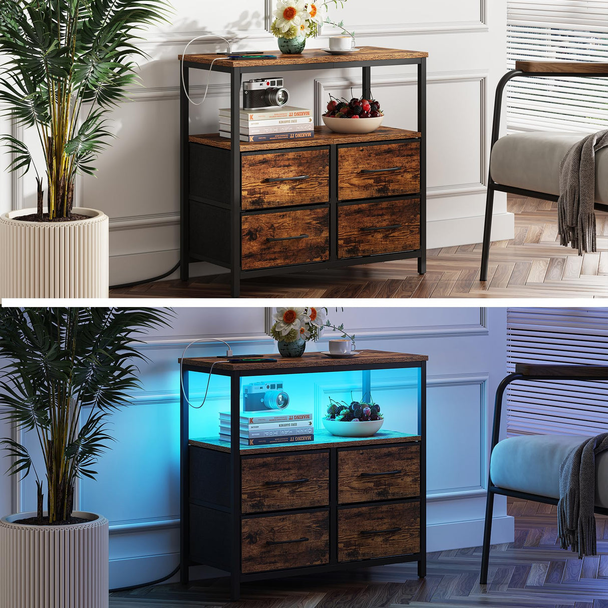 TUTOTAK LED Night Stand with Charging Station, Large Nightstand with USB and Type-C Port, Bedside Table with Cloth Drawers, End Table for Livingroom, Bedroom, Brown TB01BB081L TUTOTAK