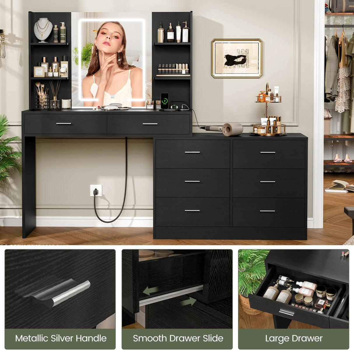 Quimoo 65.9" Vanity Desk with LED Lighted Mirror & Power Outlet, Modern Corner Makeup Vanity Table with 8 Drawers & Open Shelves, Dressing Table for Bedroom, Makeup Room Quimoo