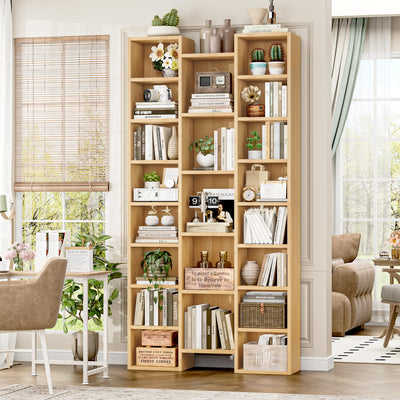 FOTOSOK 71’’ Tall Bookshelf, Triple Wide Bookshelf with Adjustable Shelves, 8 Tier Media CD DVD Storage Rack, Diaplay Cabinet Shelf, Wooden Book Shelf DVD Storage Shelf for Home Office, Natural