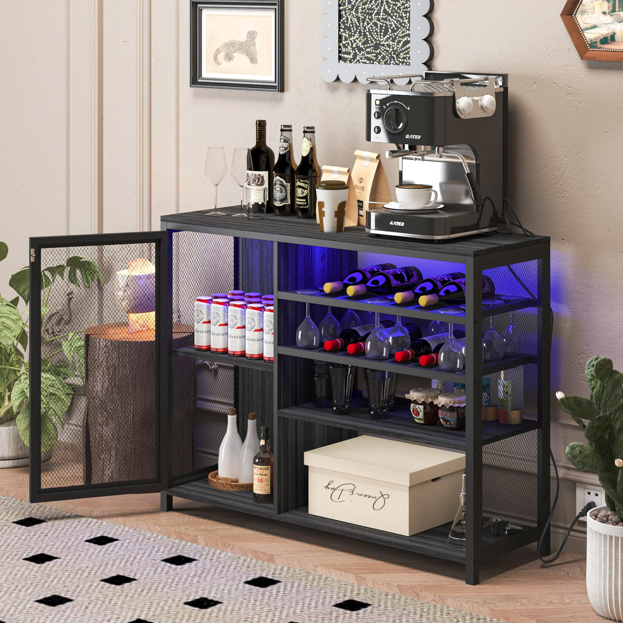 TopCity LED Industrial Wine Bar Cabinet Coffee Buffet Sideboard with Storage for Liquor and Glasses Wood Metal Sideboard with Wine Racks for Home Kitchen Dining (Gray, 43.31"*13.78"*32.87") TopCity