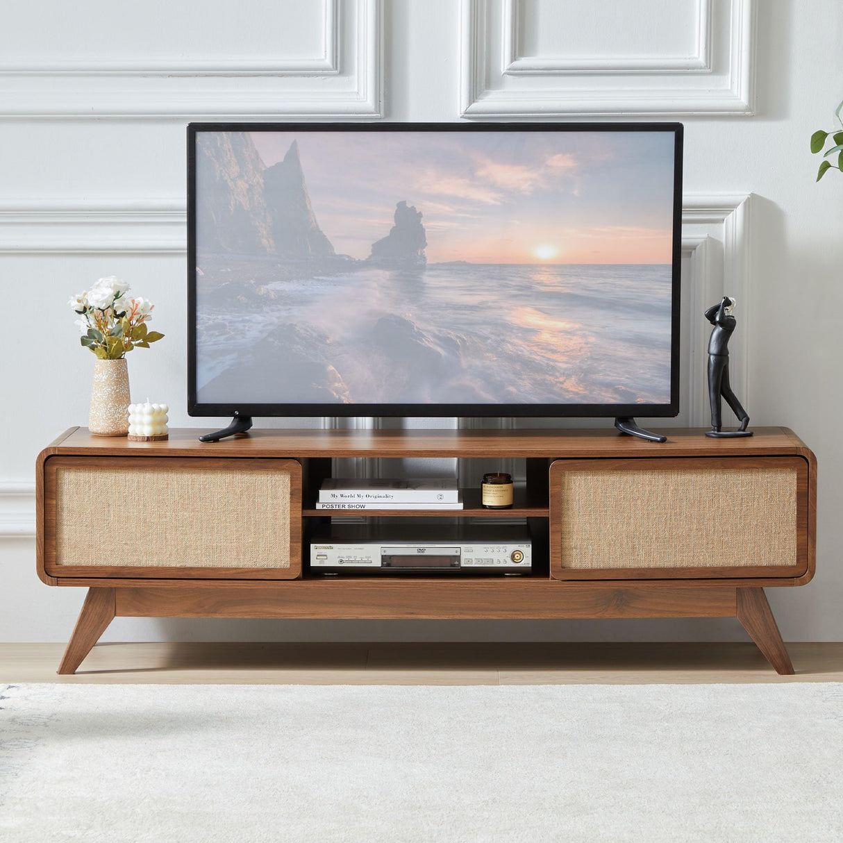 AVZEAR Mid Century Modern TV Stand for TVs up to 65'', Farmhouse Entertainment Center with Storage, TV Cabinet Table with Nature Linen Doors, Media Console TV Consoles for Living Room Bedroom (Walnut) AVZEAR