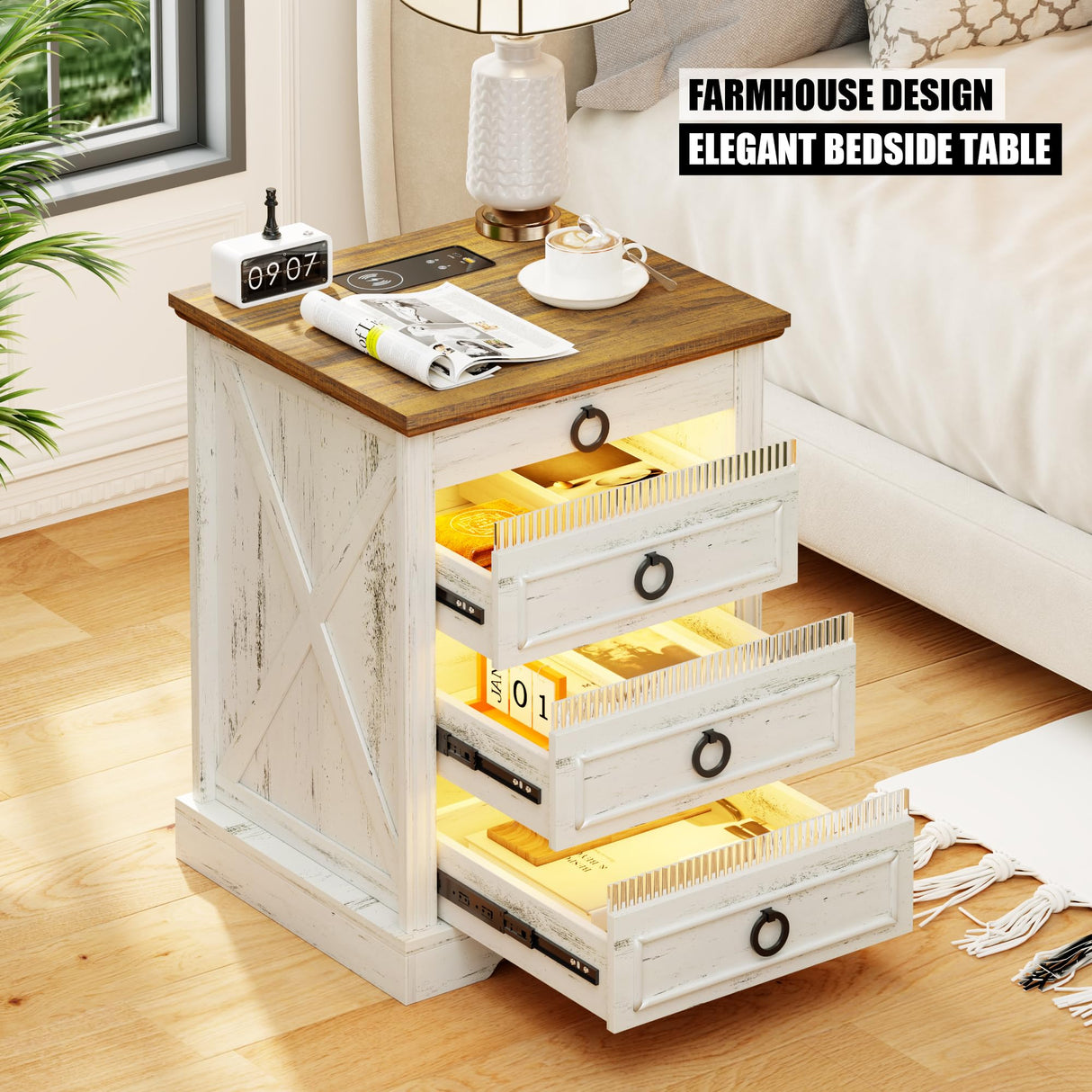 FREDEES Farmhouse Night Stand with Charging Station, Bedside Table with LED Light & Gun Drawer, Nightstands for Bedroom Living Room, End Table Antique White FREDEES