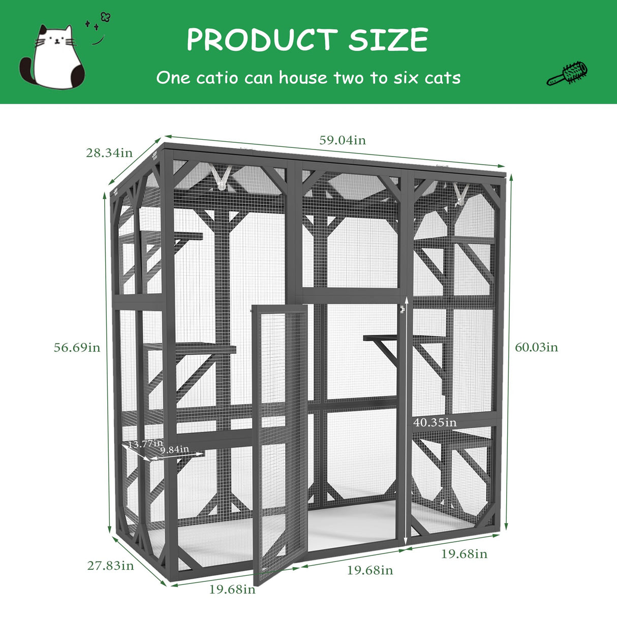 YOPTO 59" Wooden Catio Enclosure Outdoor Cat House with Anti-UV& Waterproof, Platforms and Resting Boxes Walk-in Cat Kennel Shelter for Indoor,Dark Grey YOPTO