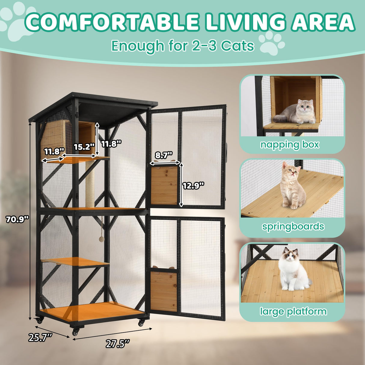 GIODIR 71" H Cat Catio Outdoor Cat Enclosure Window, 4 Tiers Cats Wooden House Cage on Wheels, Large Catios for Cats Indoor Patio with Waterproof Roof, Removable Floor and Scratching Post(Black) GIODIR