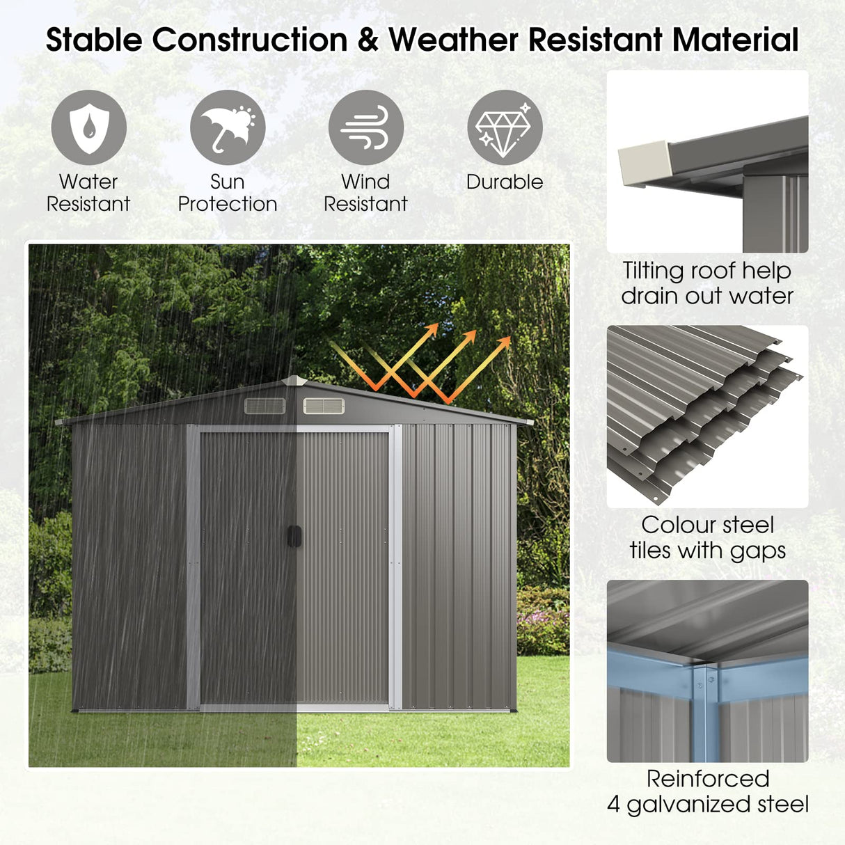 Goplus Outdoor Storage Shed, 8.5’ x 6.8’ x 6’ Weather-Resistant Utility Tool Organizer w/Foundation, 4 Louvers, Double Doors & Ramp, Galvanized Steel Tool Shed for Garden, Lawn, Yard Goplus