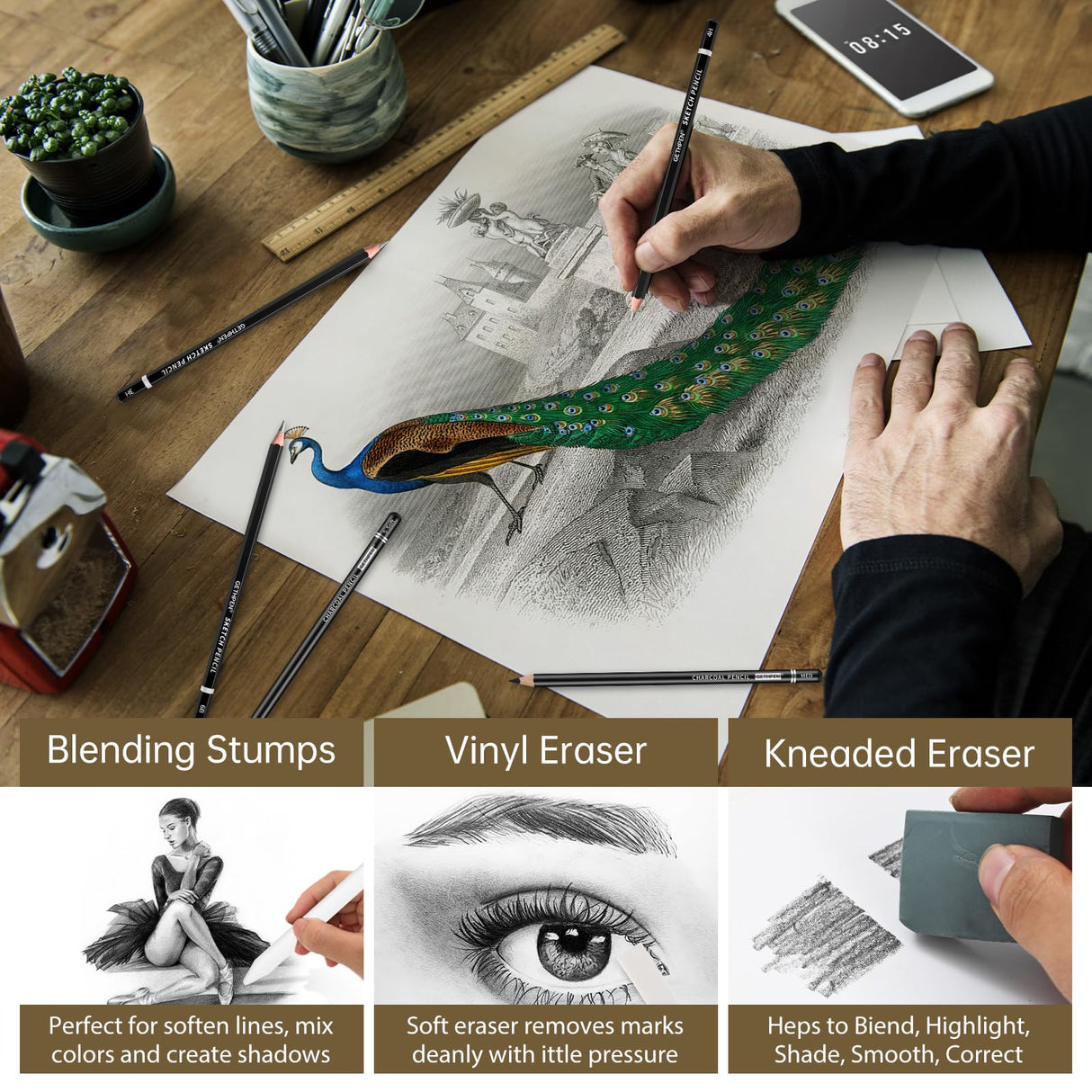 Drawing Sketching Pencil Set, 24 Piece Pro Artist Sketch Kit - Graphite Pencils (12B-4H),Charcoal Pencils for Drawing,Black and White Charcoal Pencils,Charcoal Sticks,Stumps,Eraser,Sharpeners GETHPEN