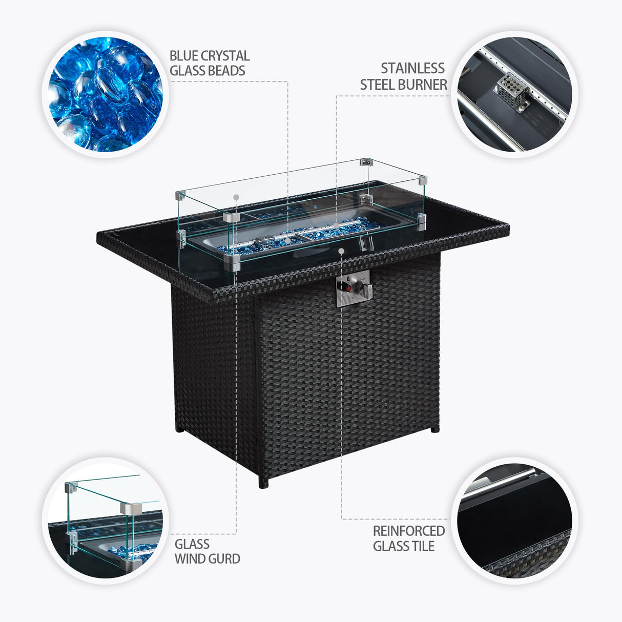 6 Pieces Outdoor Patio Furniture Sets with Furniture Cover, PE Rattan Wicker Patio Conversation Set with 60000 BTU Outdoor Propane Fire Pit Table(Peacock Blue, Fire Pit Table) wudipatio