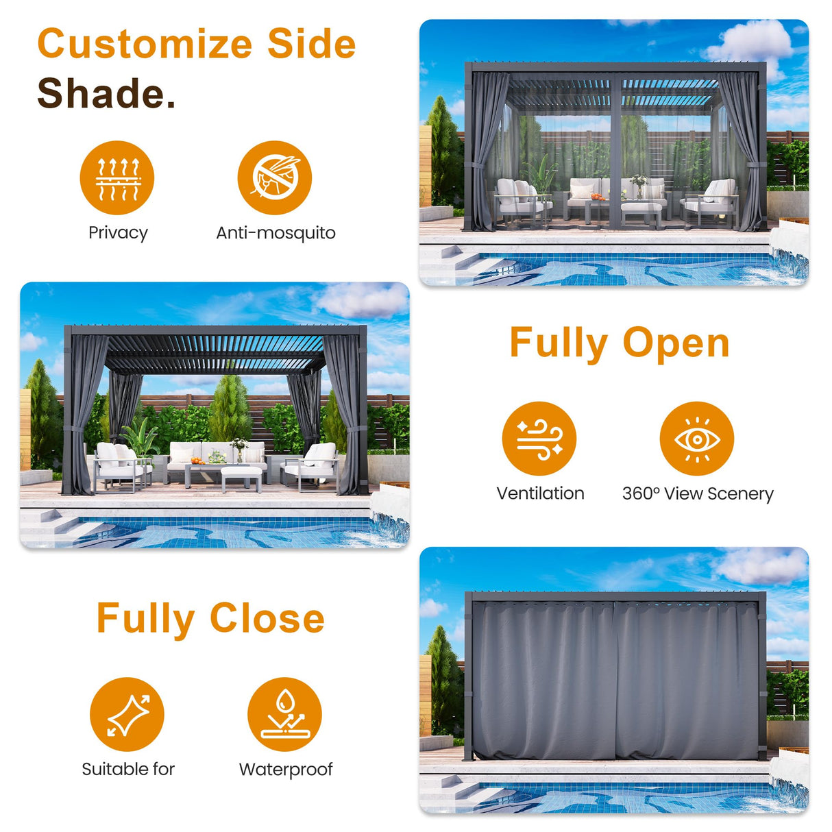 Louvered Pergola 12'x 16' with Curtains & Netting, Metal Outdoor Pergola with Adjustable Louvers Roof and Gutter System, Metal Hardtop Gazebo for Patio, Deck, Garden, Yard, Dark Gray FansaFurn