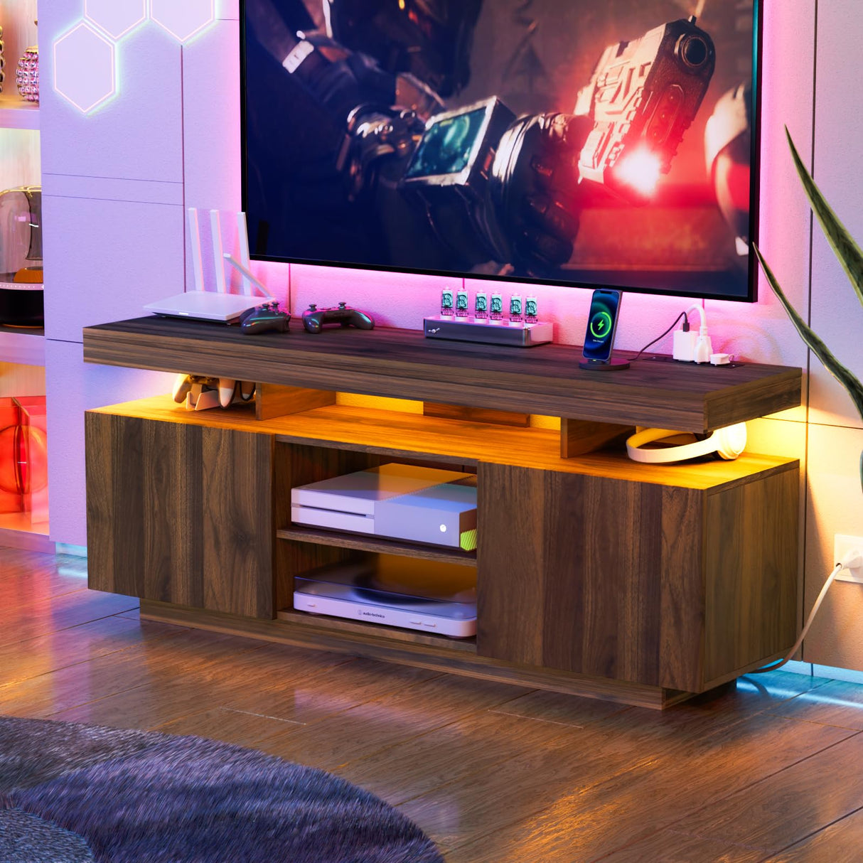 HOMMPA LED Lift Top Coffee Table and TV Stand Set of 2,Modern LED Entertainment Center with Power Outlets for up to 65" TV, Coffee Table with Hidden Compartment & 2 Open Shelve Walnut HOMMPA