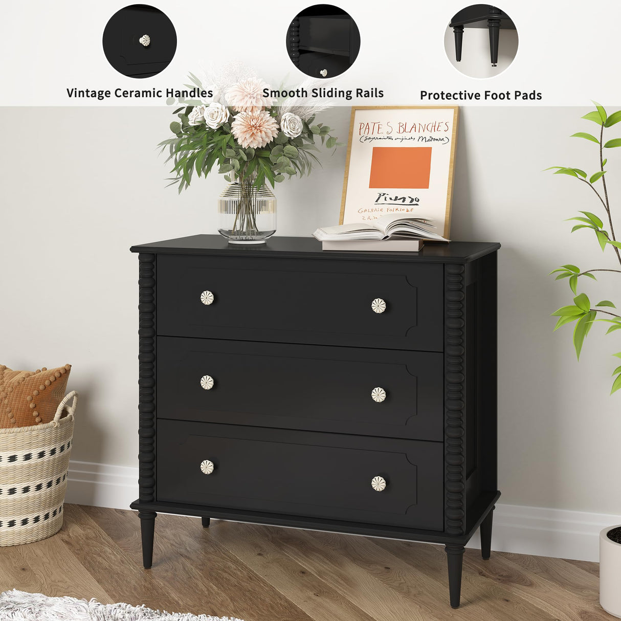ZOSQUARE 3 Drawer Dresser, 32 inch Wide Dresser for Bedroom, Modern Wood Chest of Drawers, Turned Legs Nightstand with 3 Drawers for Dorms, Hallway, Entryway (Black) ZOSQUARE