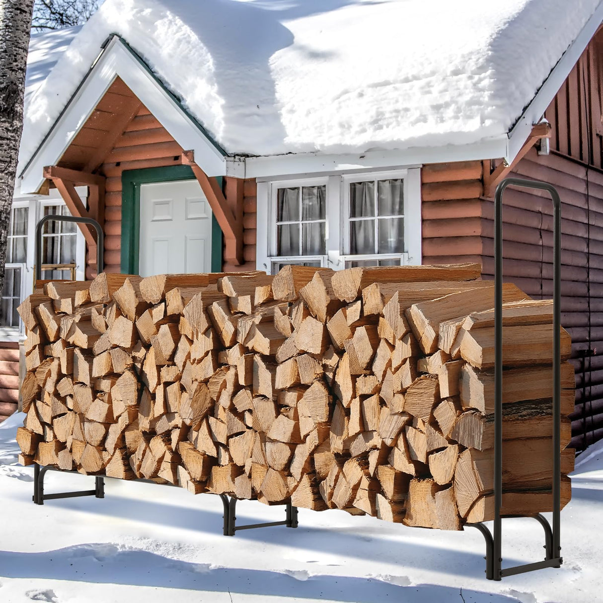 Danrelax 8ft Firewood Rack Outdoor with Cover, Wood Storage Rack for Fire log and Firewood, 600D Oxford Fabric Water-Resistant Cover, for Fireplace Indoor, Patio, Courtyard, Black Danrelax